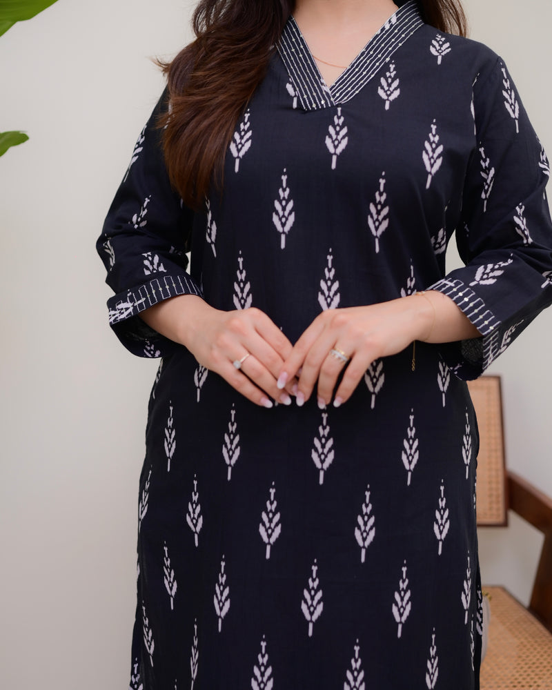 Black Printed Cotton Kurta