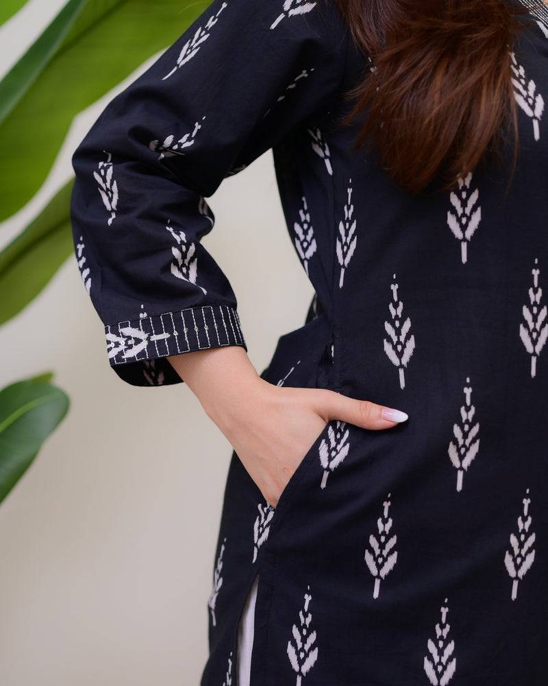 Black Printed Cotton Kurta