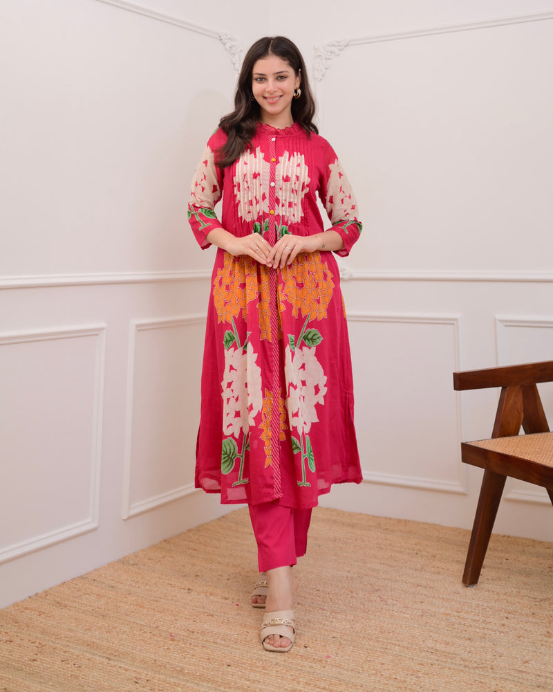 Pink Bloom Pintex Mul Cotton A Line Kurta Set