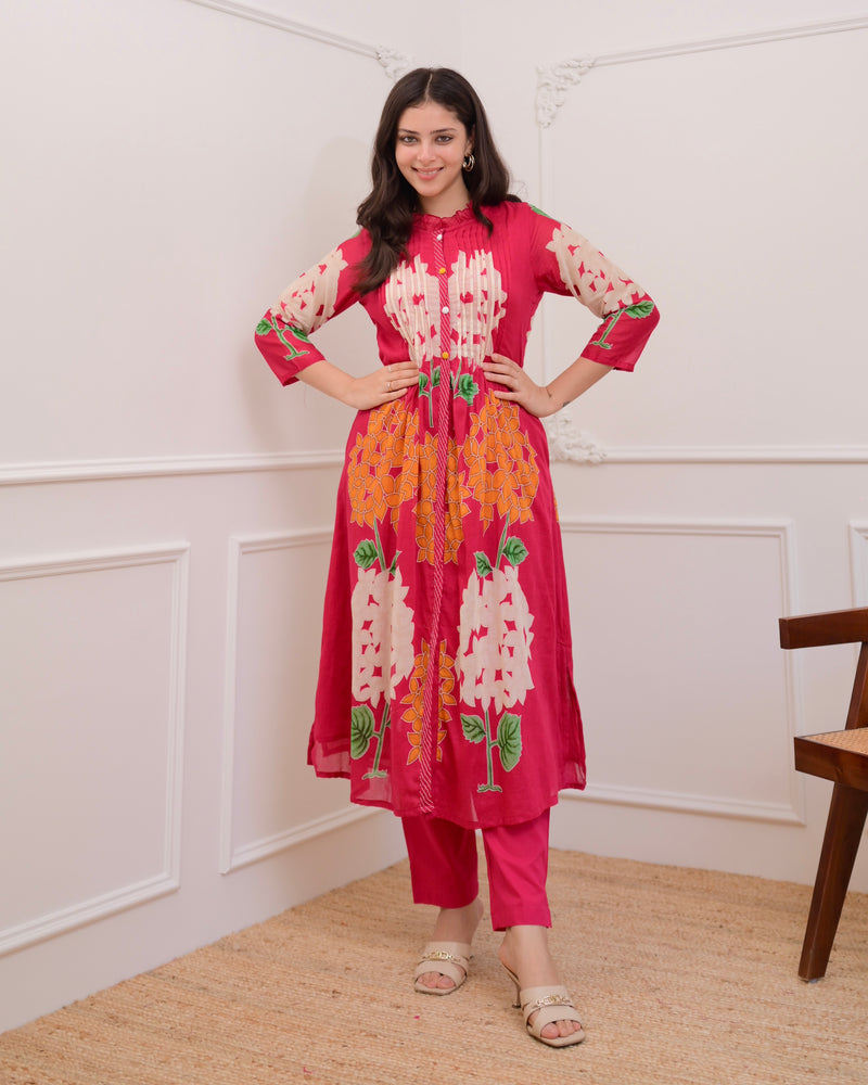 Pink Bloom Pintex Mul Cotton A Line Kurta Set