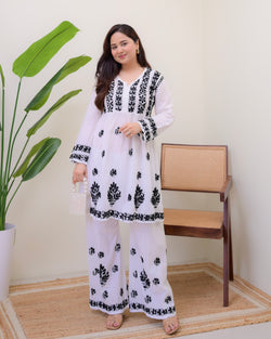 White Black Cotton Chikankari Peplum Palazzo Set