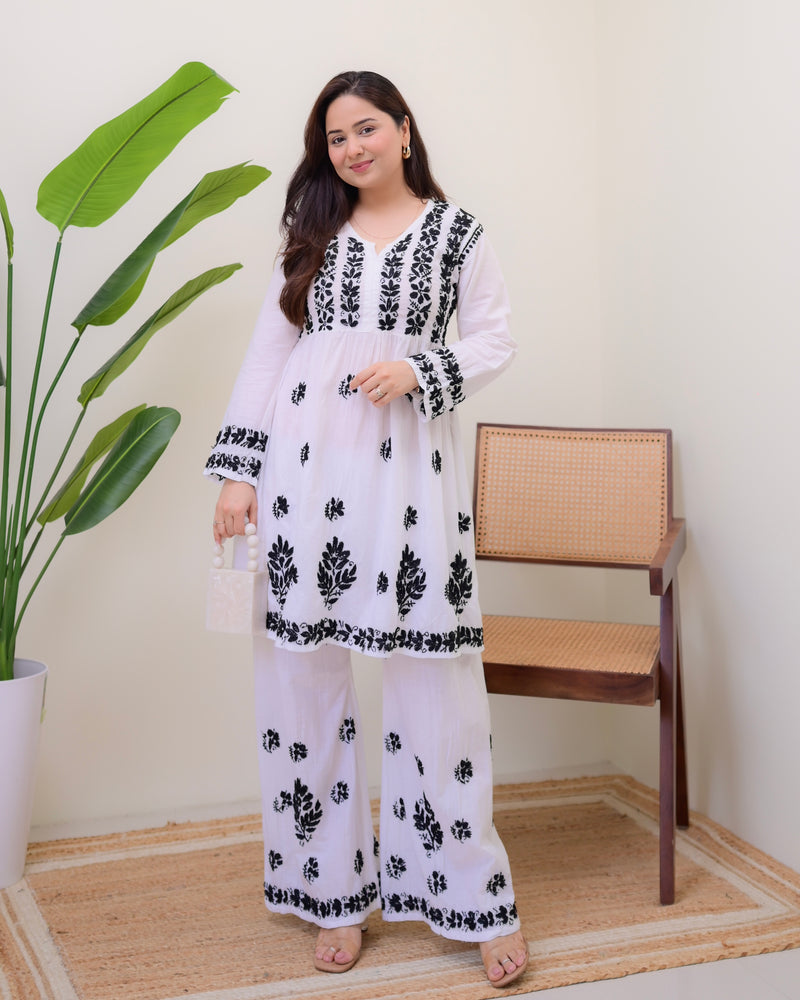 White Black Cotton Chikankari Peplum Palazzo Set