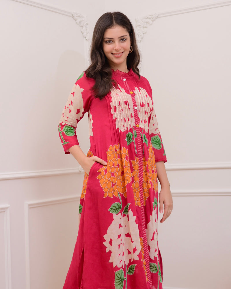 Pink Bloom Pintex Mul Cotton A Line Kurta Set