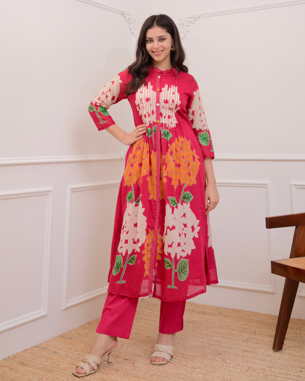 Pink Bloom Pintex Mul Cotton A Line Kurta Set
