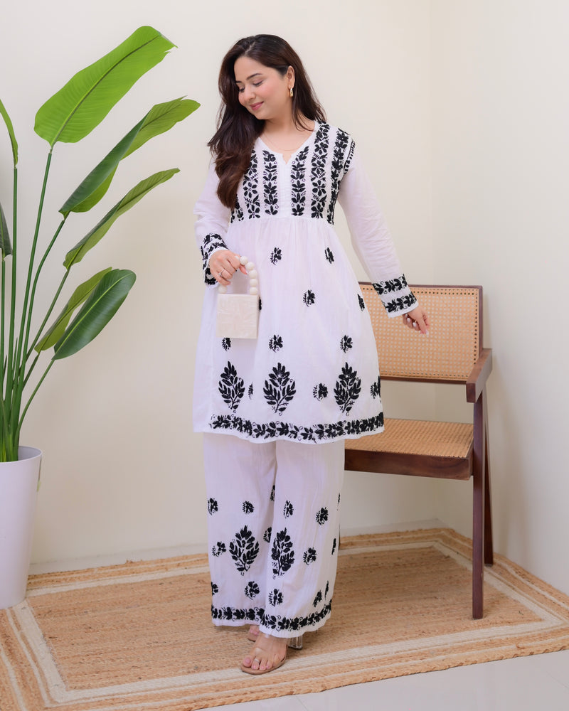 White Black Cotton Chikankari Peplum Palazzo Set