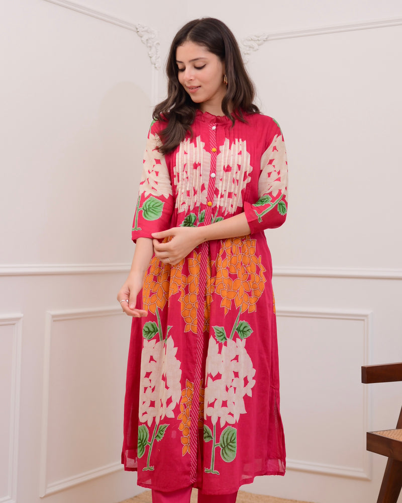 Pink Bloom Pintex Mul Cotton A Line Kurta Set