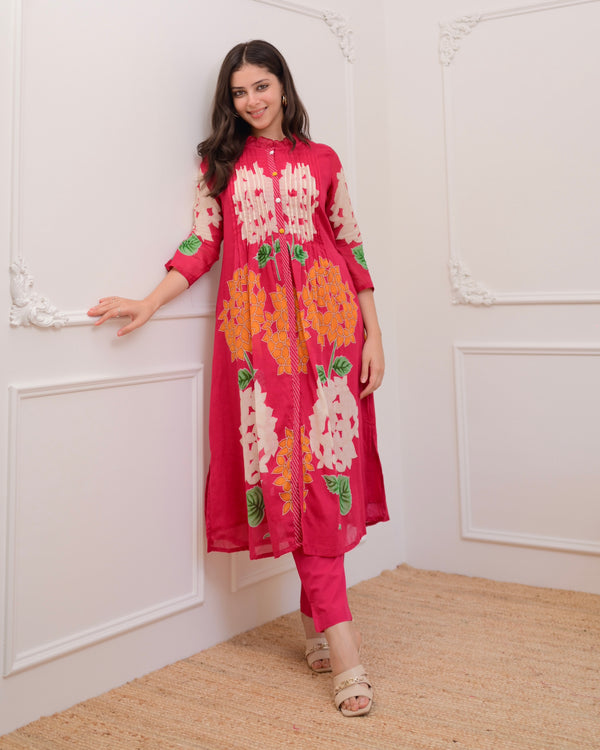 Pink Bloom Pintex Mul Cotton A Line Kurta Set