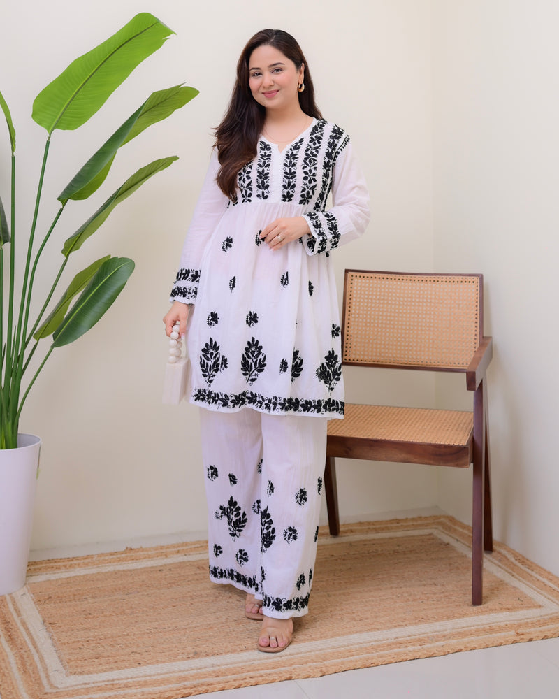 White Black Cotton Chikankari Peplum Palazzo Set