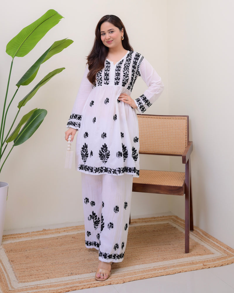 White Black Cotton Chikankari Peplum Palazzo Set