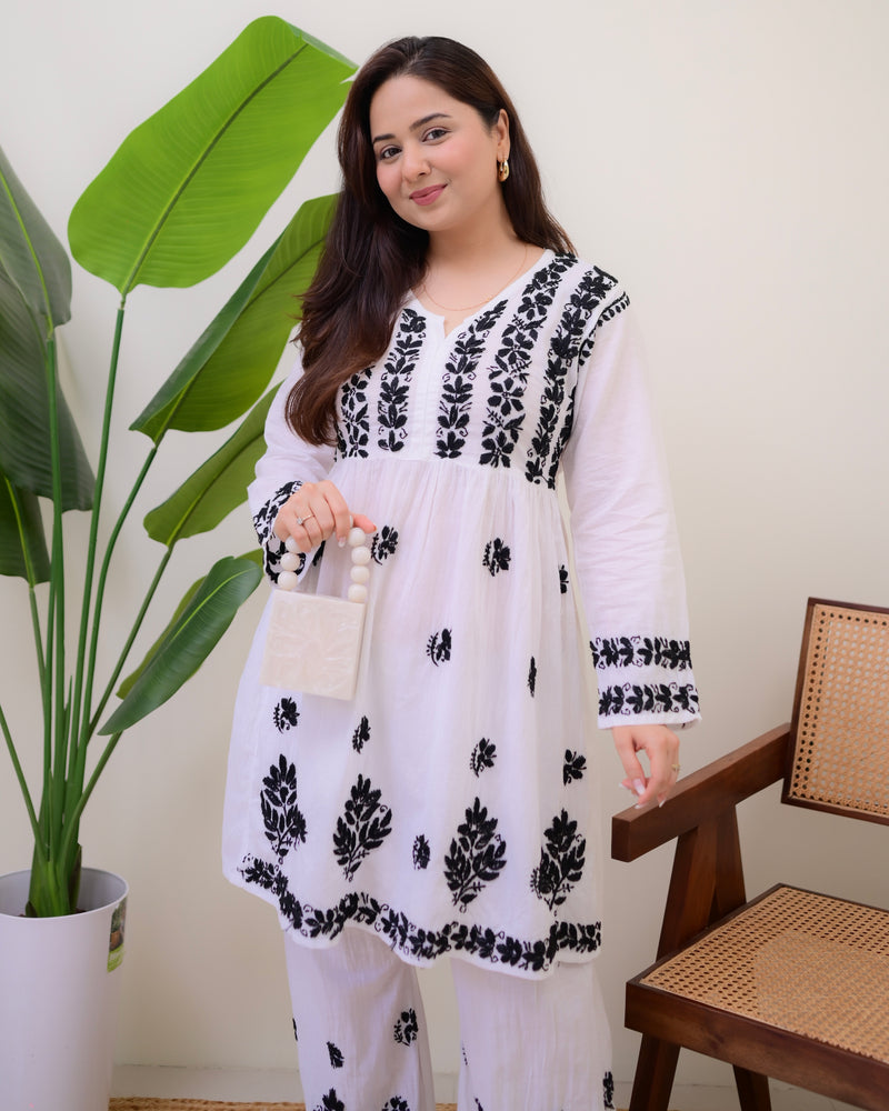 White Black Cotton Chikankari Peplum Palazzo Set