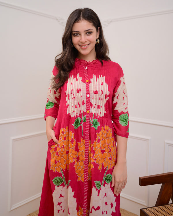 Pink Bloom Pintex Mul Cotton A Line Kurta Set