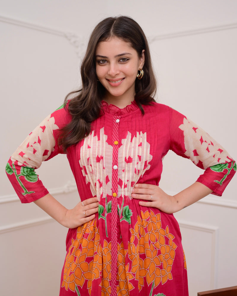 Pink Bloom Pintex Mul Cotton A Line Kurta Set