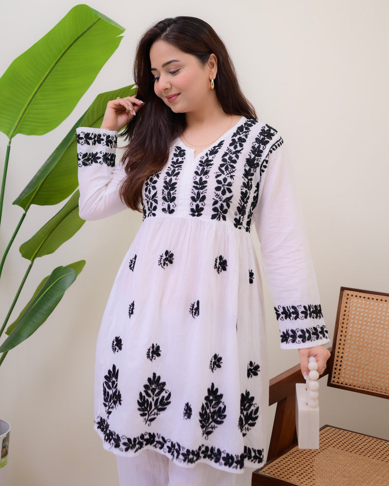 White Black Cotton Chikankari Peplum Palazzo Set