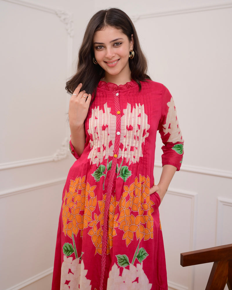 Pink Bloom Pintex Mul Cotton A Line Kurta Set