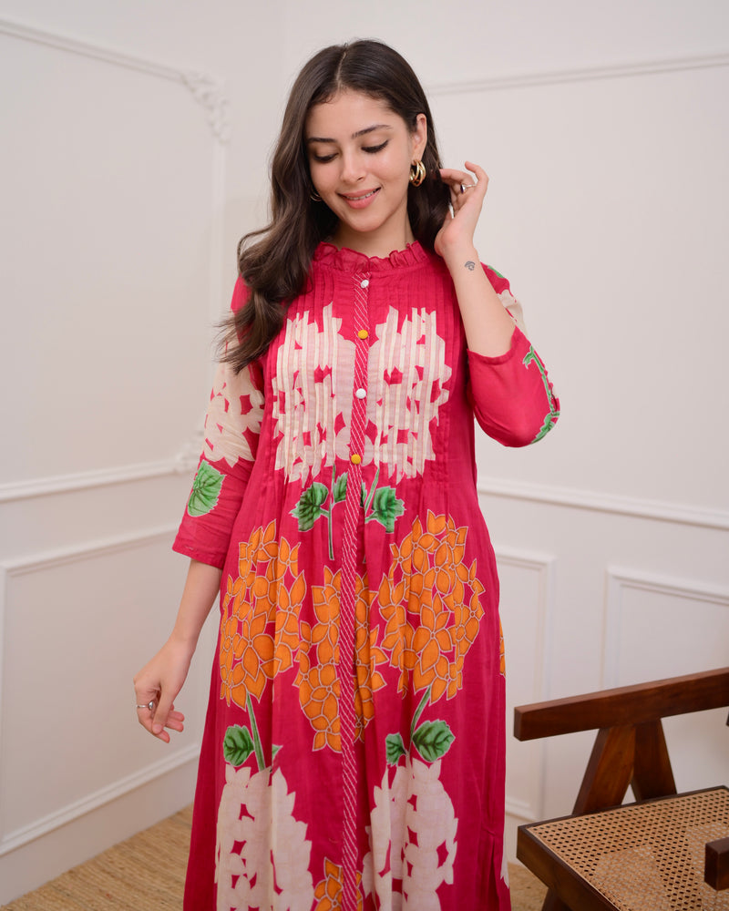 Pink Bloom Pintex Mul Cotton A Line Kurta Set