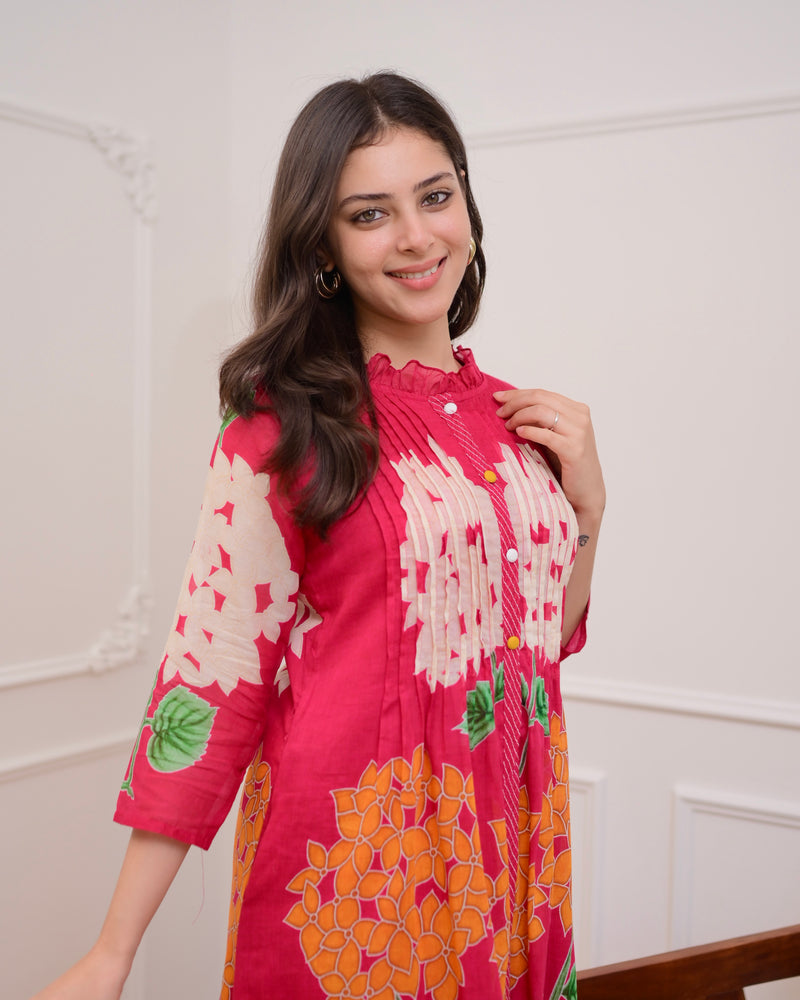 Pink Bloom Pintex Mul Cotton A Line Kurta Set