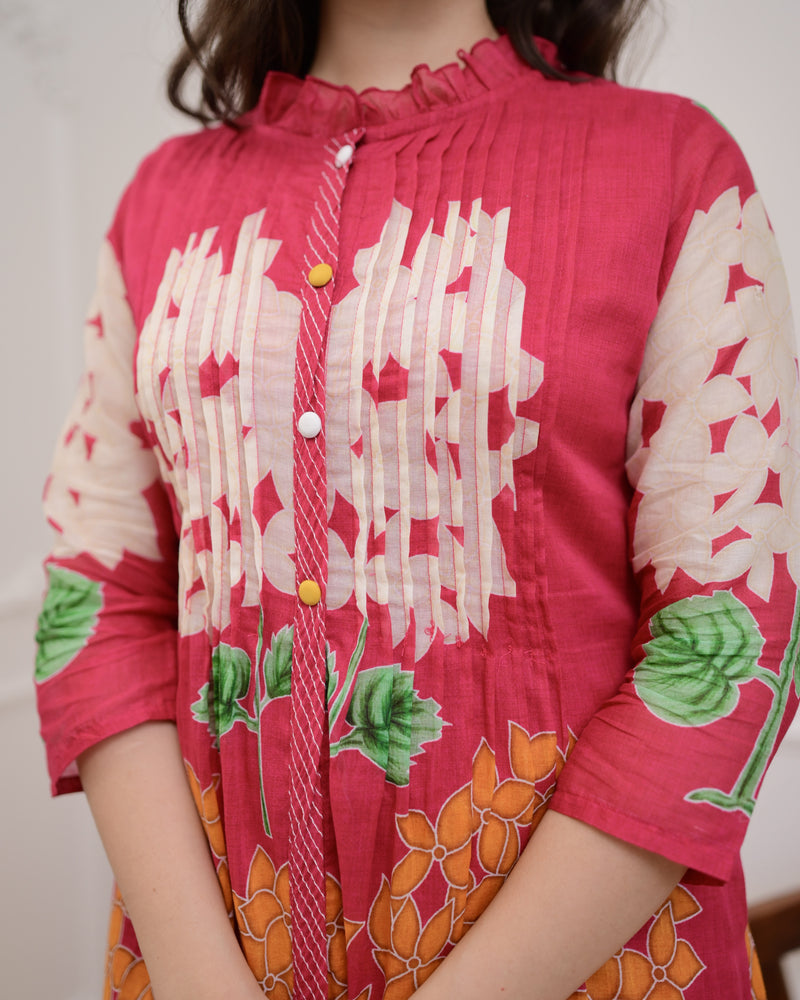 Pink Bloom Pintex Mul Cotton A Line Kurta Set
