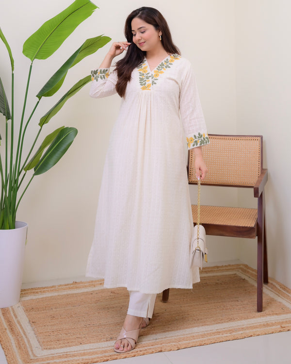 Ivory Threaded Grace A Line Premium Cotton Kurta Set