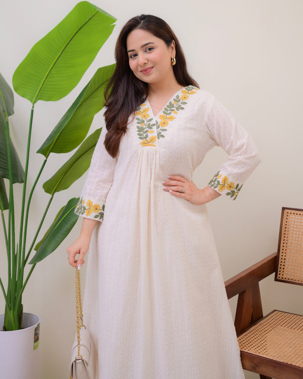 Ivory Threaded Grace A Line Premium Cotton Kurta Set