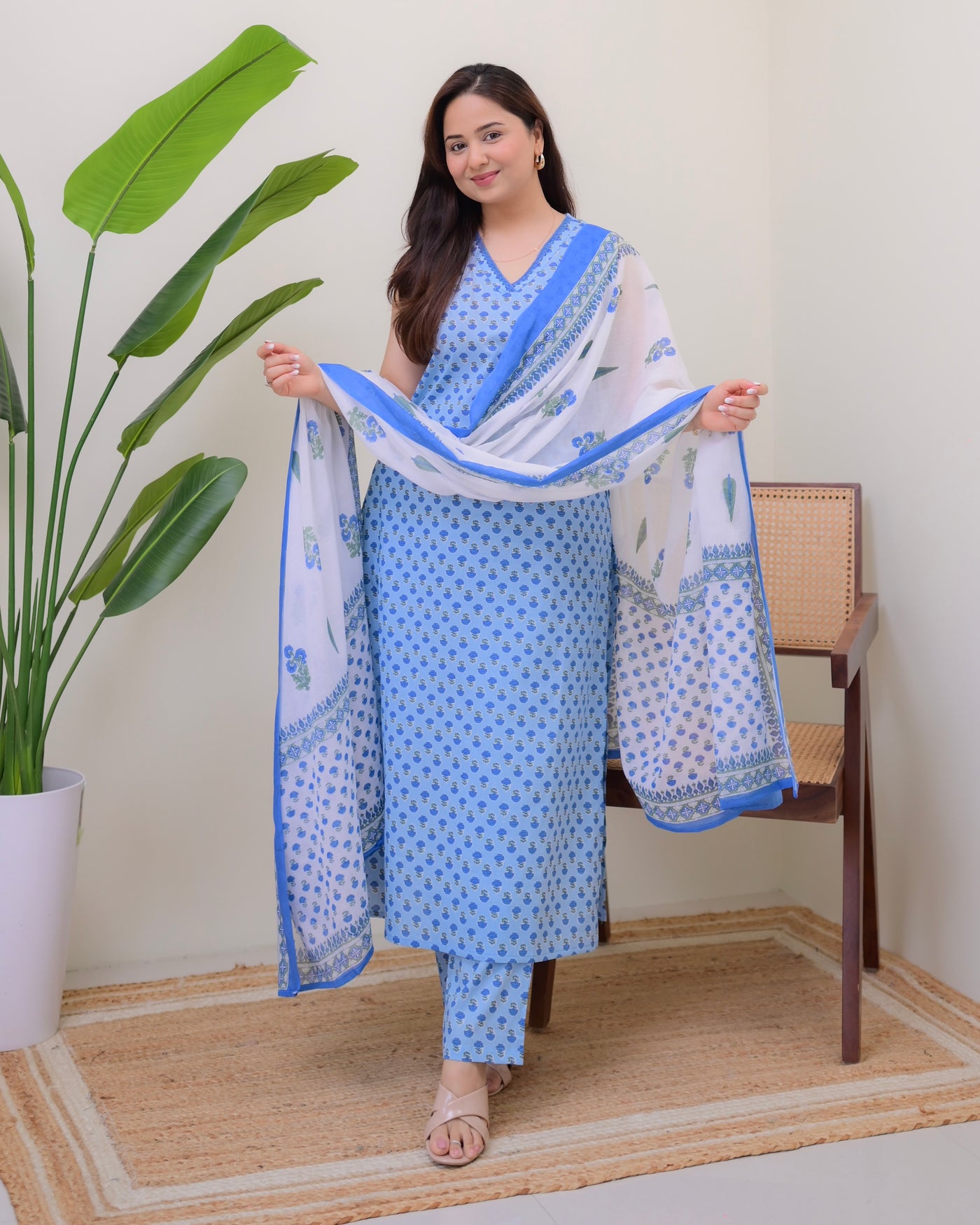 Sky Blue Blooming Mul Cotton Suit