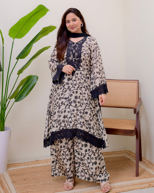 Ivory Black Petals Muslin Pakistani Lace Suit
