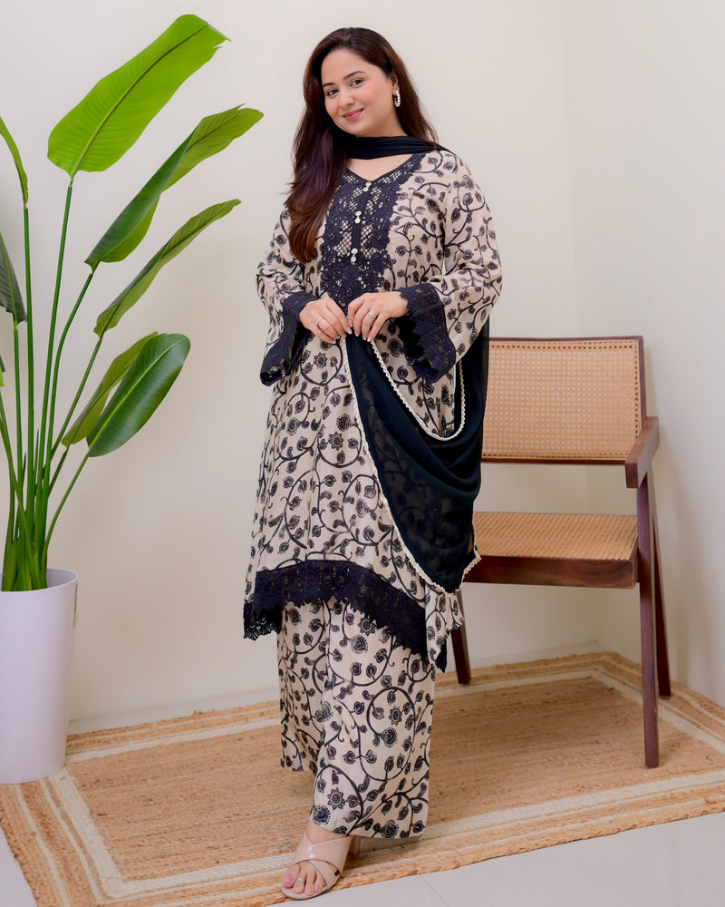 Ivory Black Petals Muslin Pakistani Lace Suit