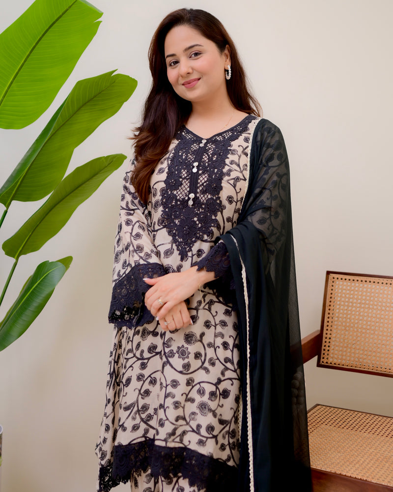 Ivory Black Petals Muslin Pakistani Lace Suit