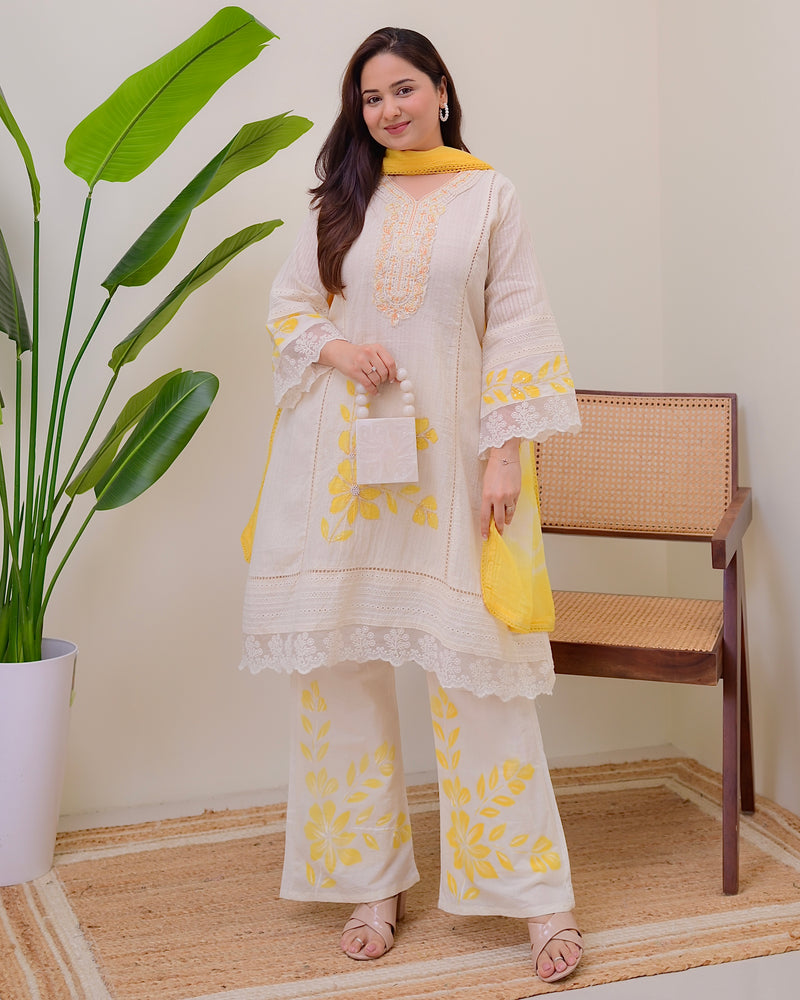 Lemon Yellow 3 PC Pakistani Cotton Schiffli A Line Suit Set For Women – Label Madhuri Thakkar