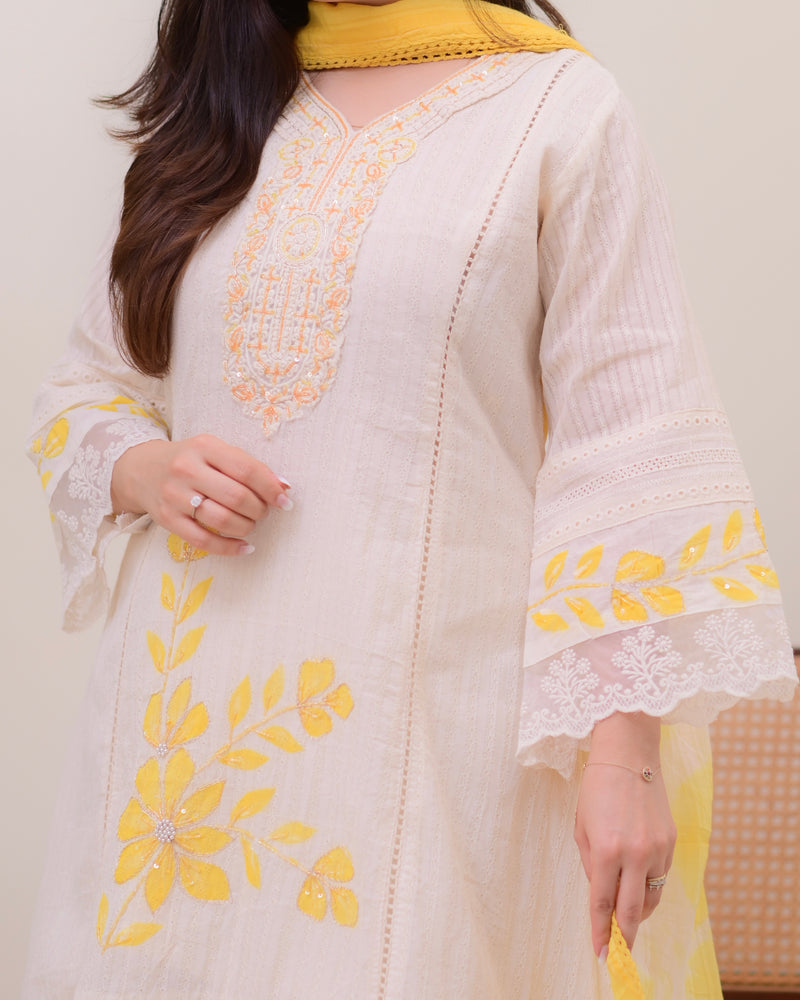 Lemon Yellow 3 PC Pakistani Cotton Schiffli A Line Suit Set For Women Label Madhuri Thakkar Lemon Yellow 3 PC Pakistani Cotton Schiffli A Line Suit Set For Women Label Madhuri Thakkar