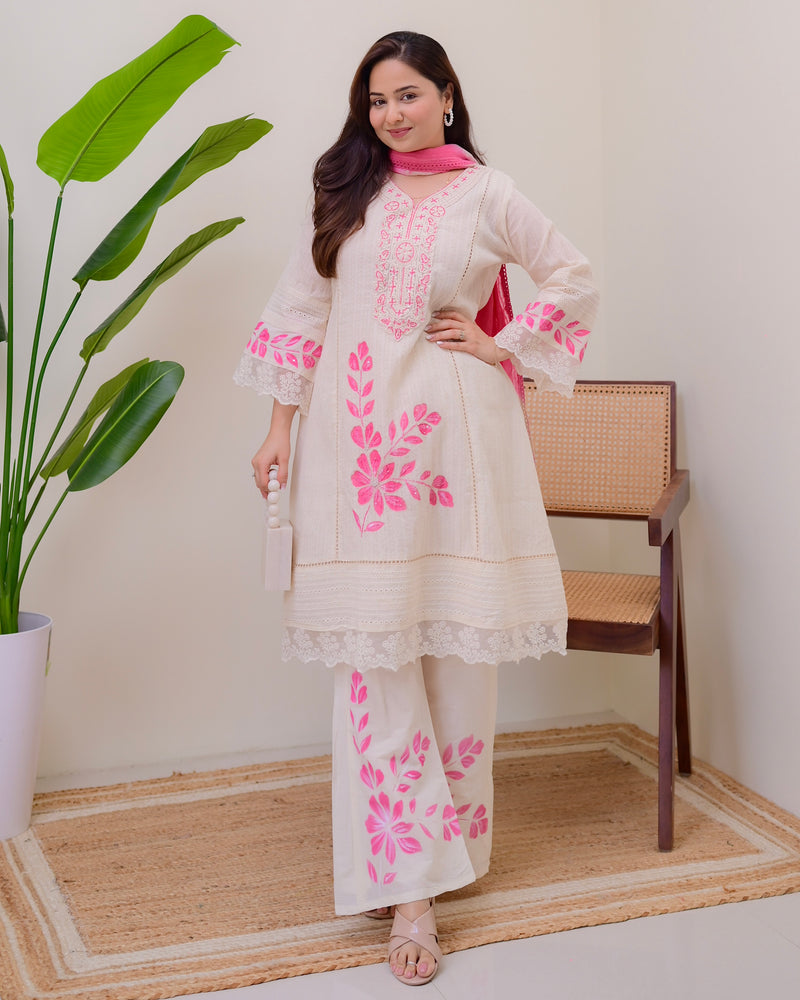Pink Blush 3 PC Pakistani Cotton Schiffli A Line Suit Set For Women Label Madhuri Thakkar Pink Blush 3 PC Pakistani Cotton Schiffli A Line Suit Set For Women Label Madhuri Thakkar