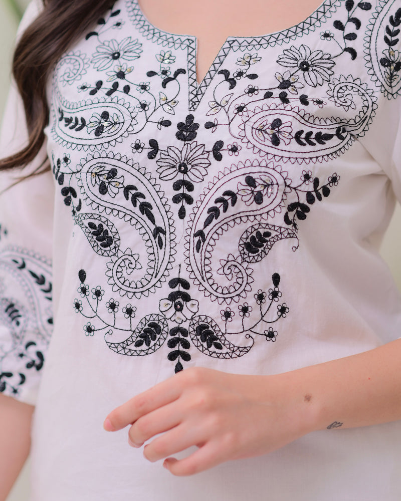 White Black Threadwork Pure Cotton Suit Set