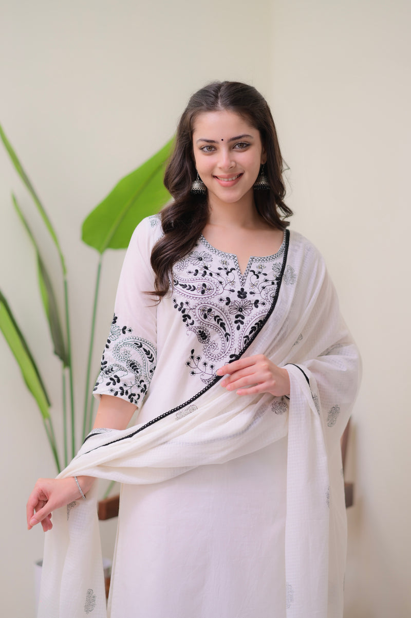 White Black Threadwork Pure Cotton Suit Set