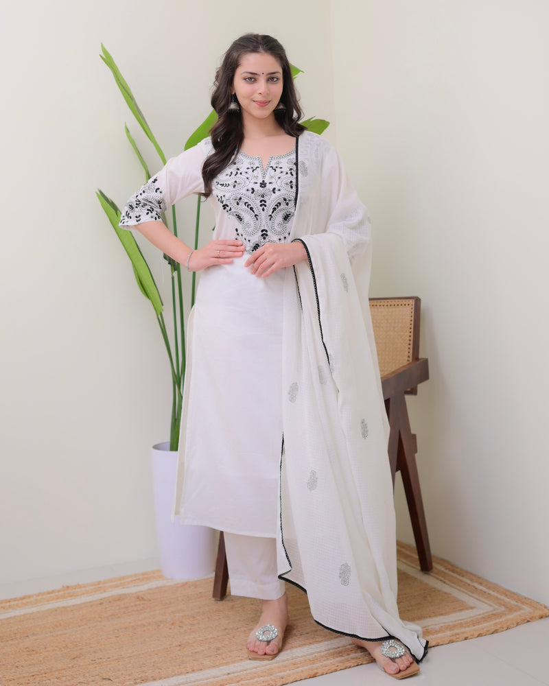 White Black Threadwork Pure Cotton Suit Set