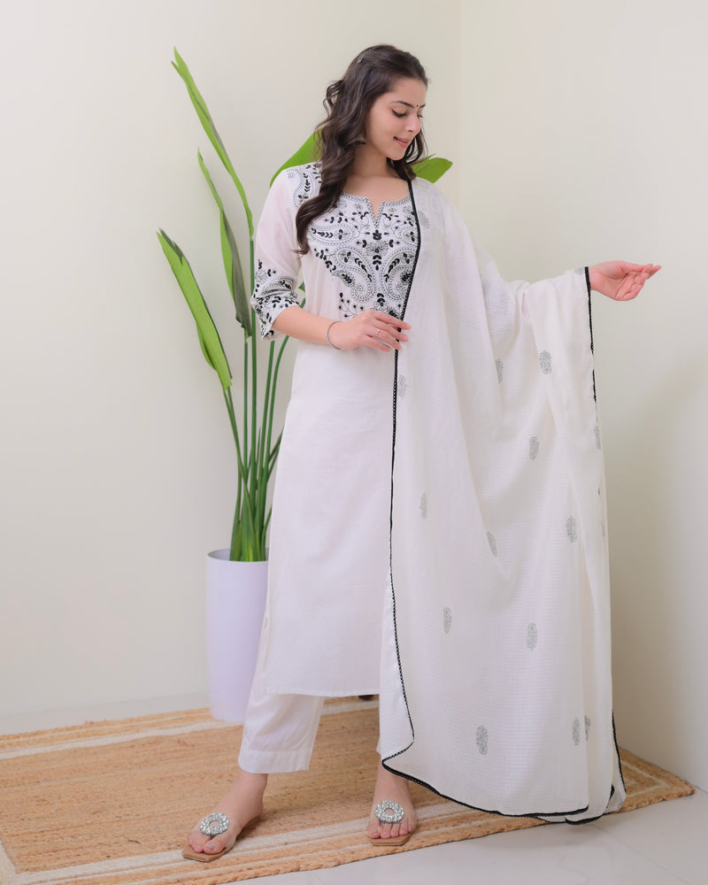 White Black Threadwork Pure Cotton Suit Set