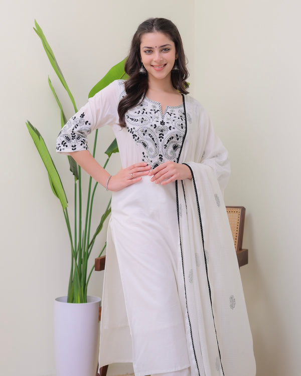 White Black Threadwork Pure Cotton Suit Set