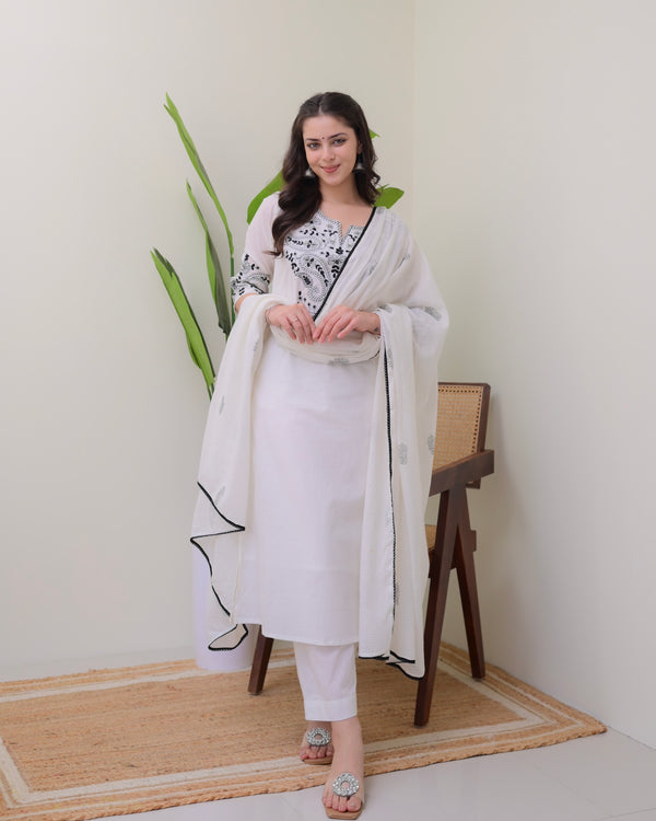 White Black Threadwork Pure Cotton Suit Set