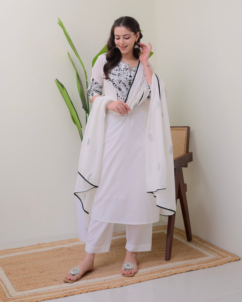 White Black Threadwork Pure Cotton Suit Set