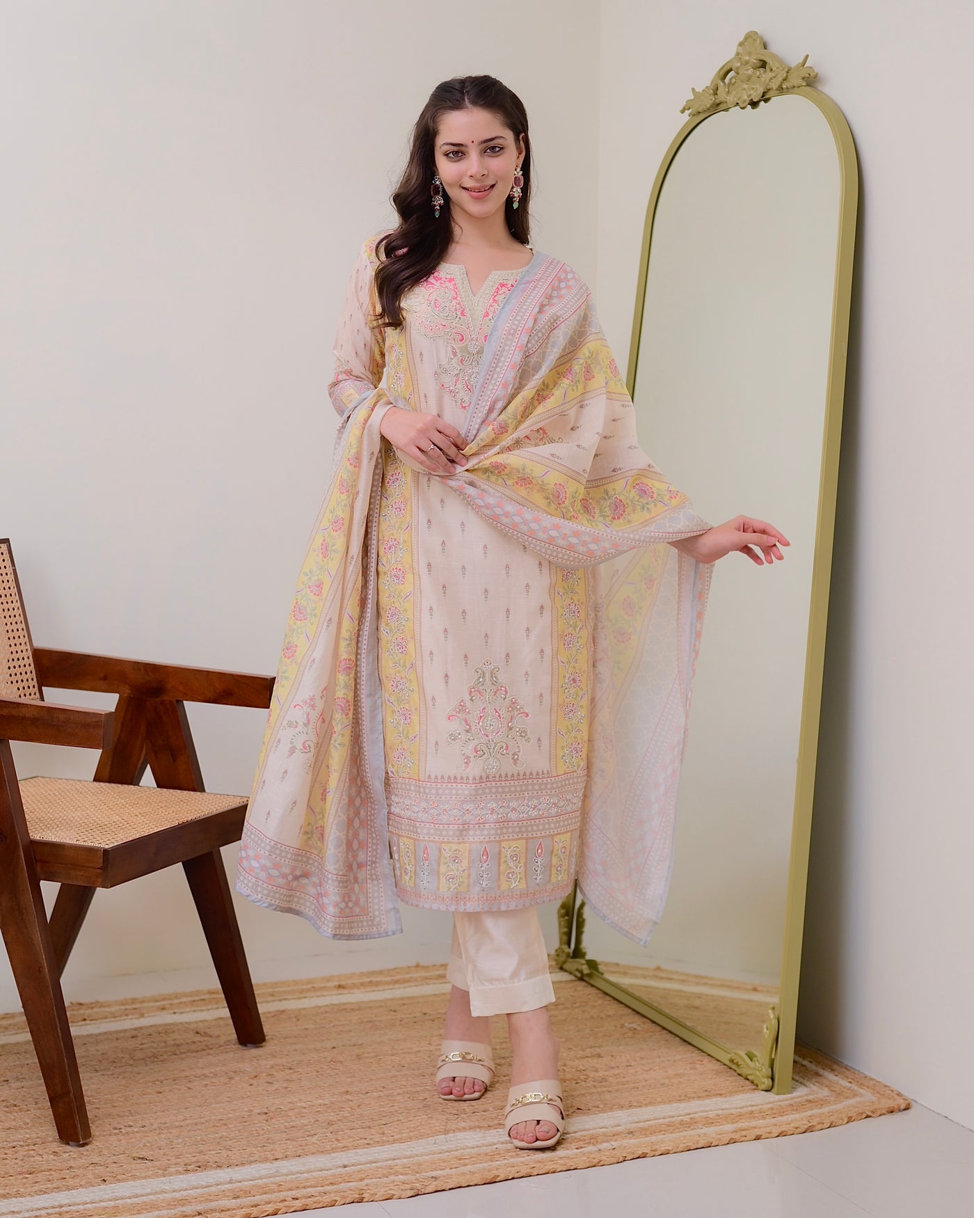 Ivory Yellow Handwork Linen Cotton Festive Suit