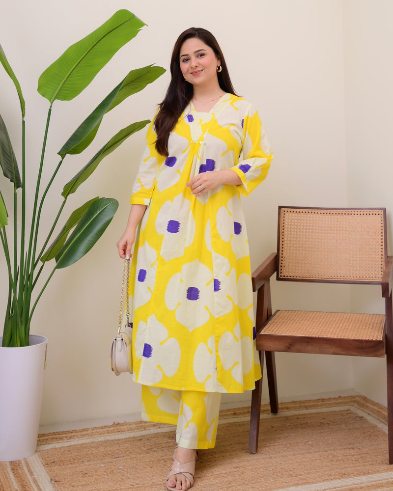 Yellow Purple Cotton A Line Kurta Palazzo Set