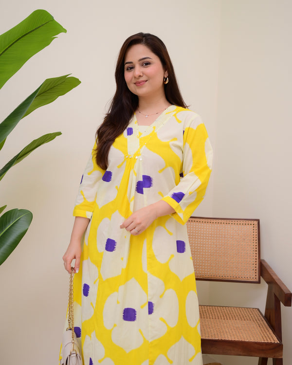 Yellow Purple Cotton A Line Kurta Palazzo Set