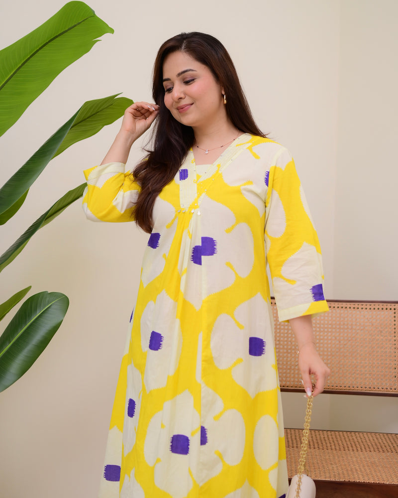 Yellow Purple Cotton A Line Kurta Palazzo Set