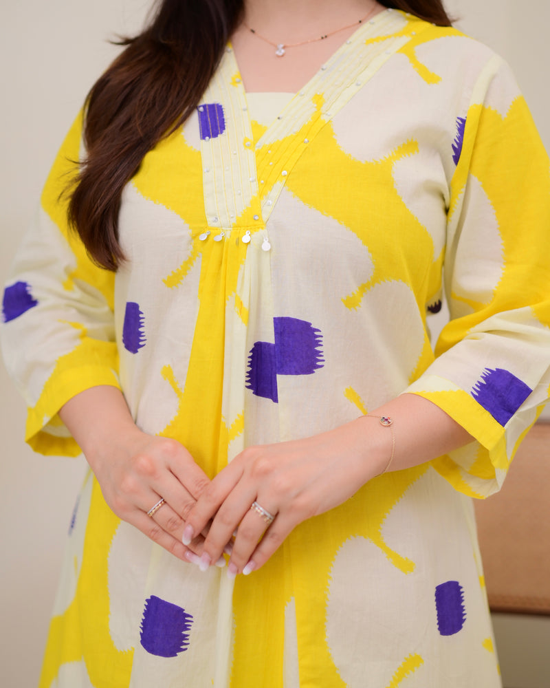 Yellow Purple Cotton A Line Kurta Palazzo Set