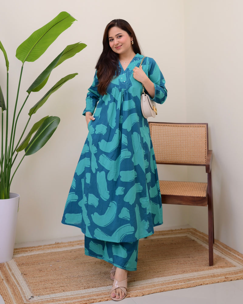 Teal Tide Cotton A Line Kurta Palazzo Set