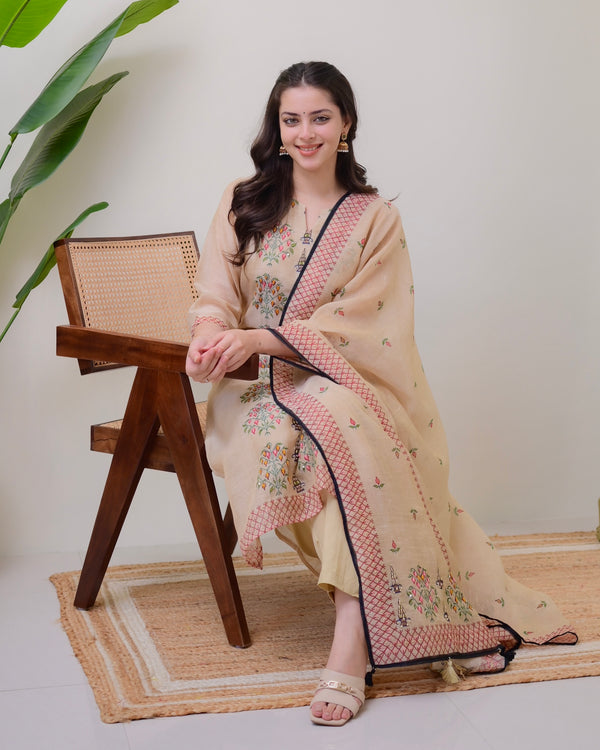 Beige Threadwork Linen Festive Suit
