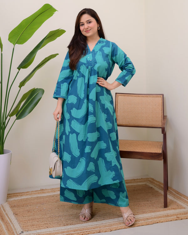 Teal Tide Cotton A Line Kurta Palazzo Set