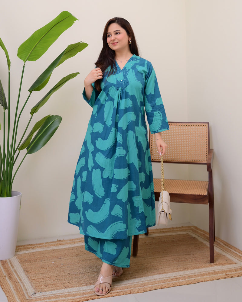 Teal Tide Cotton A Line Kurta Palazzo Set
