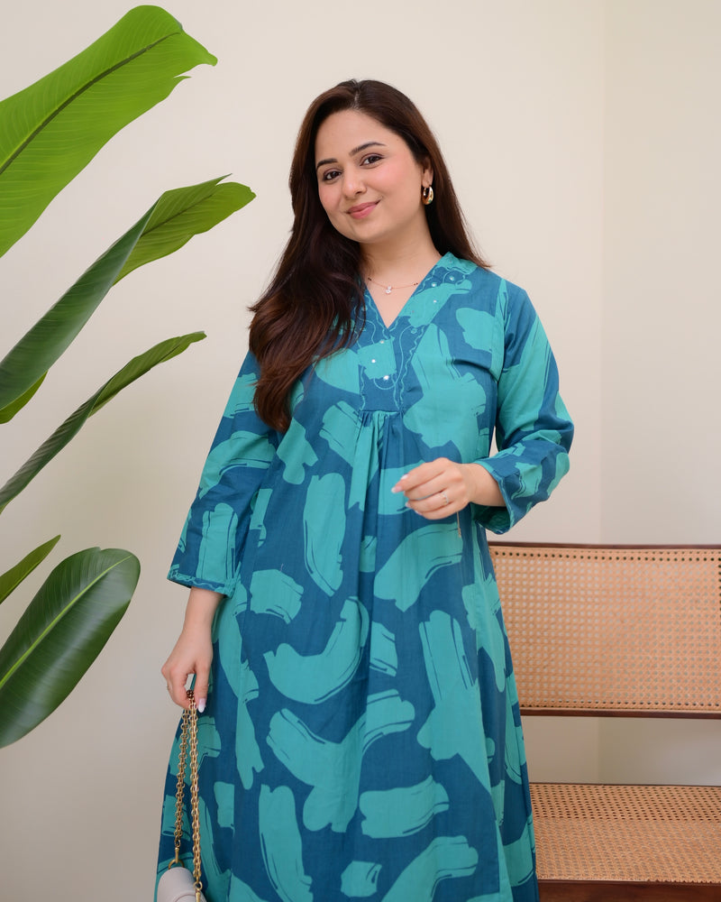 Teal Tide Cotton A Line Kurta Palazzo Set
