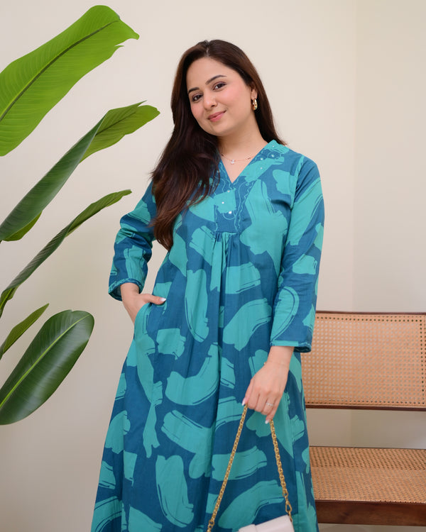Teal Tide Cotton A Line Kurta Palazzo Set