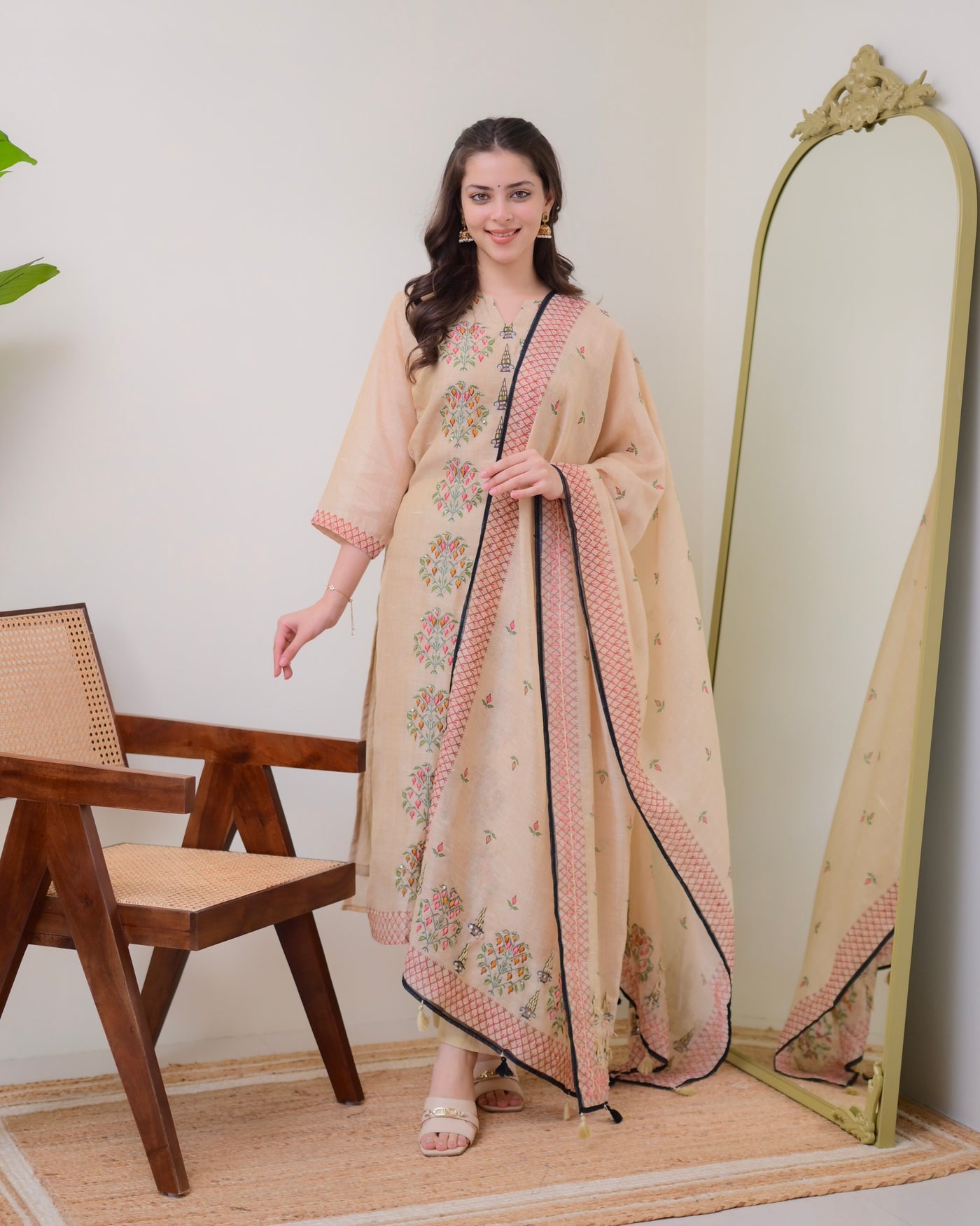 Beige Threadwork Linen Festive Suit