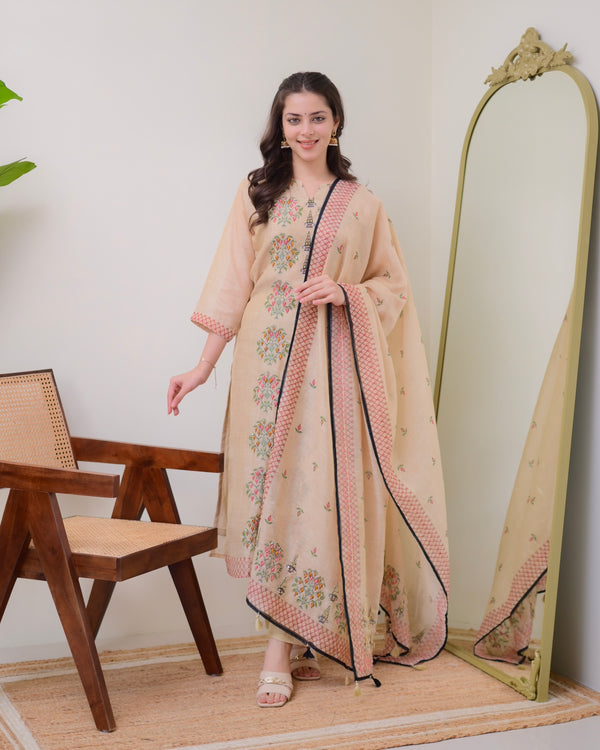 Beige Threadwork Linen Festive Suit
